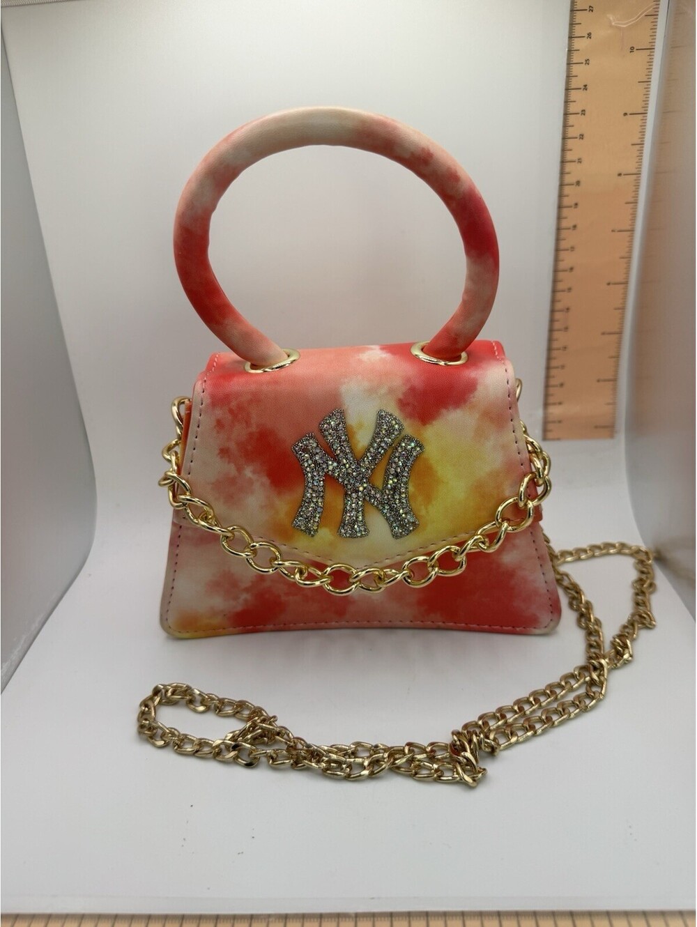 NY New York Rainbow Tie Dye Pink Rhinestone Shoulder Strap Chain Purse Handbag